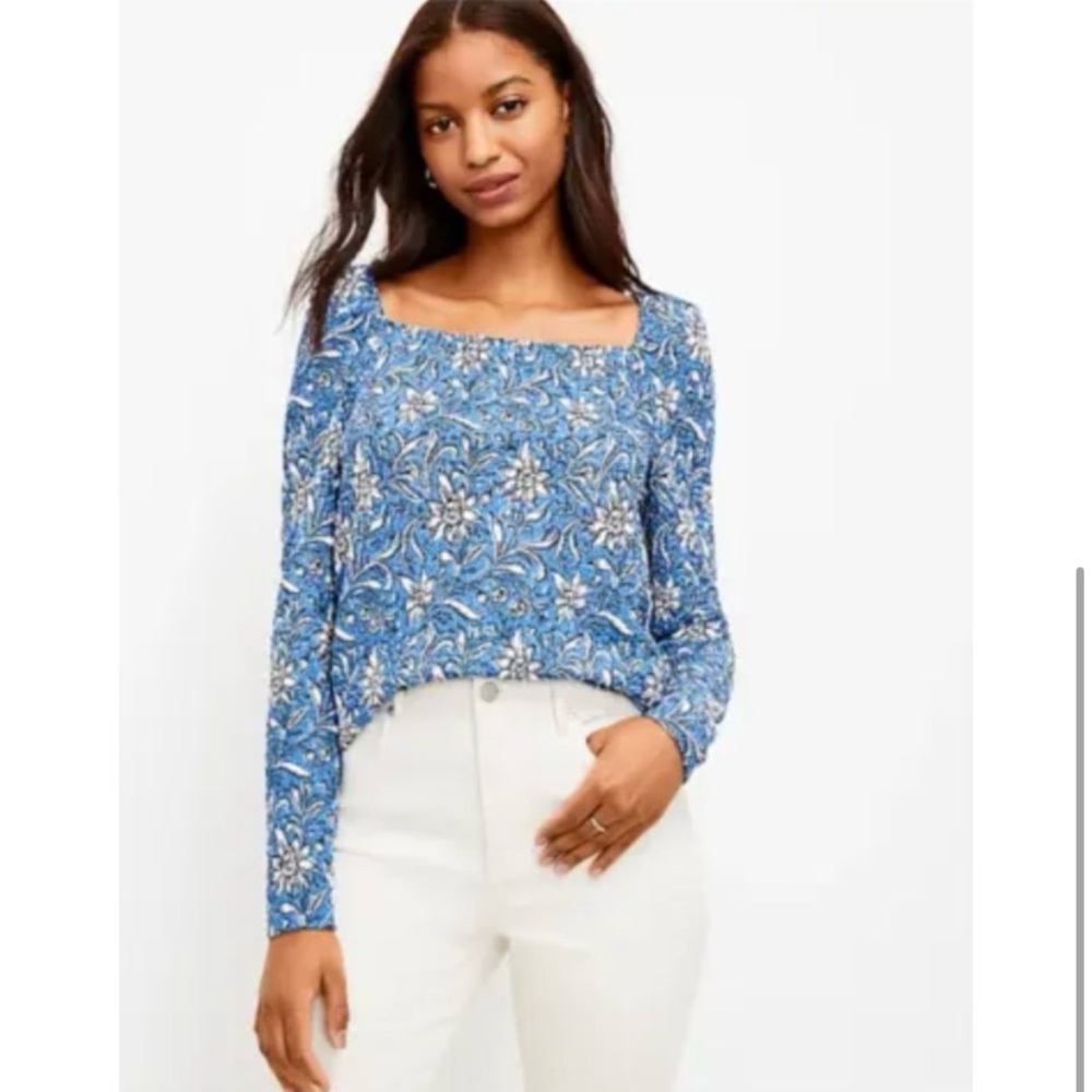 LOFT Blue Floral Square Neck Long Sleeve Top